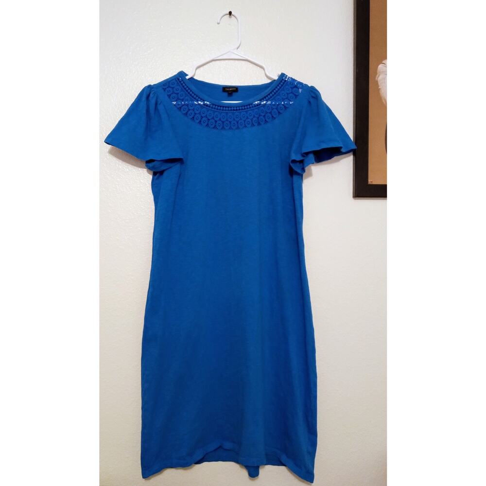 Talbots T by Talbots Blue Cotton Flutter-Sleeve Crochet-Neck T-Shirt Dress SZ S